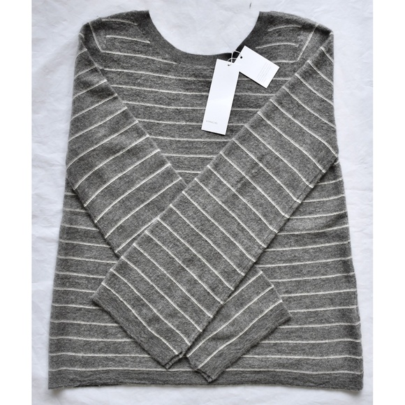 VINCE NWT 100% CASHMERE STRIPED BELL SLEEVE HEATHER STONE/STERLING SWEATER. S - Picture 12 of 15